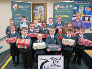 John Paul ll pupils with their shoeboxes
